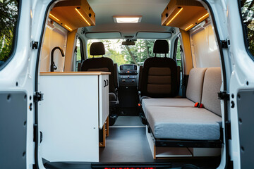 revamp camper van interior with sleek modern finishes for off-grid nomad lifestyle on the road