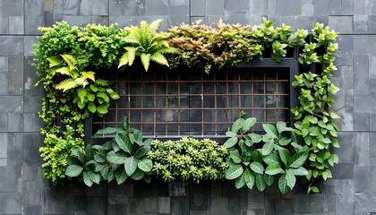 Green houseplants in pots on grey concrete wall background with copy space