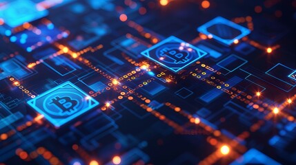 Futuristic HUD interface showcasing blockchain technology with a global network of polygon connections, cryptocurrency, and peer-to-peer fintech elements