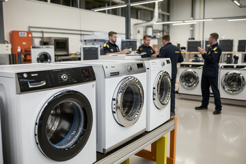 Factory workers inspecting modern washing machines on a production line in a well-lit, high-tech manufacturing facility