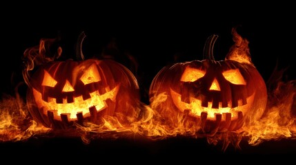 Two glowing jack-o'-lanterns surrounded by flames, symbolizing Halloween festivities.