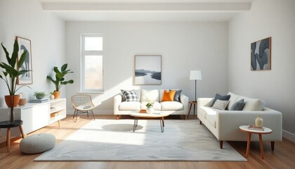 Modern Scandinavian living room with rare vintage pieces, featuring light gray walls, a comfortable white sofa, and a large, abstract rug. The decor is kept minimal for a clean aesthetic.