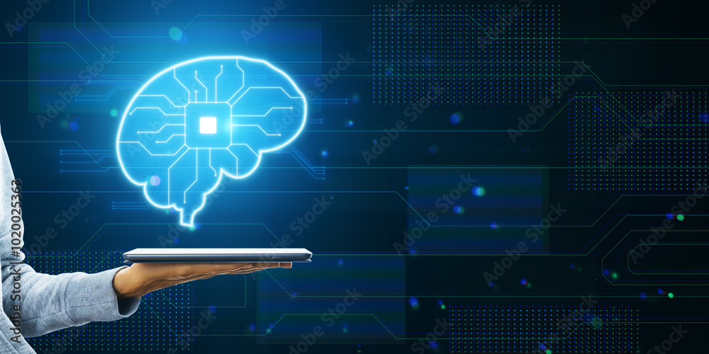 Poster closeup of female hand holding cellphone with glowing blue circuit digital brain hologram on blurry 