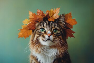 A serene cat adorned with a crown of vibrant fall leaves in a tranquil setting