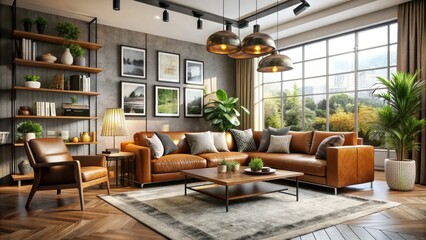 Fototapeta premium Create a perfect home atmosphere in your modern living room using chic furniture and cozy decor that inspires comfort and makes every moment feel special.