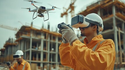 Construction Worker with VR Headset Uses a Drone to Inspect a Building