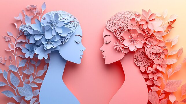 Beautiful paper-cut profiles representing mental health awareness and motherhood, perfect for World Maternal Mental Health Day or Mother's Day promotions. - Powered by Adobe