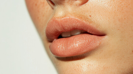 Soft, natural lips with subtle sheen and light freckles create an intimate and fresh look, highlighting beauty and simplicity