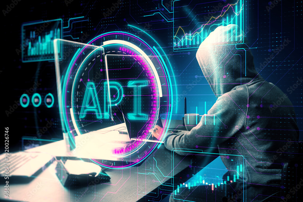 Poster Hacker at desk using laptop keyboard with creative API hologram on blurry background. Application Programming Interface concept. Interaction with digital icons representing API development, security.