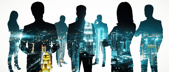 Crowd of businessmen and women silhouettes on white night city background. Teamwork, leadership,...