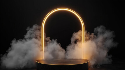A 3D podium surrounded by smoke and a neon frame against a black background, A background image for product presentation, product mockup.
