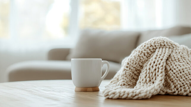 Cozy scene featuring white mug on wooden table, accompanied by soft knitted blanket. warm atmosphere invites relaxation and comfort, perfect for peaceful moment