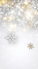 Delicate snowflakes fall gracefully over a soft white background, creating a serene winter atmosphere during the holiday season. VVertical Christmas background