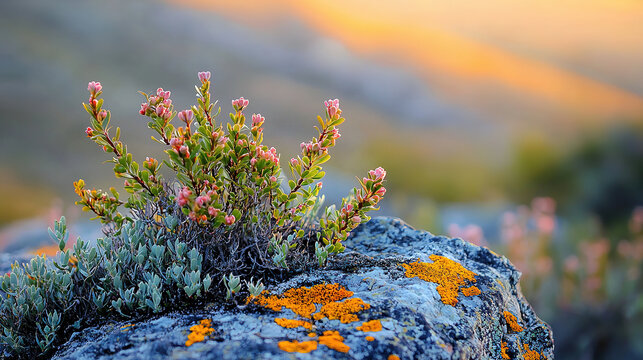 beautiful closeup of branches, rocksand fynbos on a hill, beautiful nature, moss, blurred background