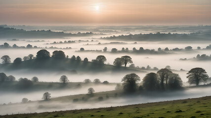 Naklejka premium A tranquil scene of a misty sky at dawn, with the landscape partially obscured by fog and the soft light of morning breaking through 