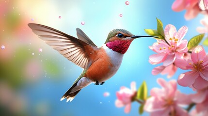 Fototapeta premium Vibrant Hummingbird Hovering Near Blooming Flower