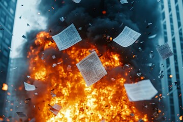 Naklejka premium A dramatic scene of an explosion in an urban environment, showcasing flames and documents engulfed in smoke.