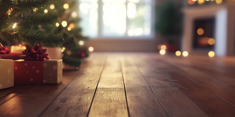 Cozy Christmas scene with gifts under a beautifully decorated tree and warm light ambiance.