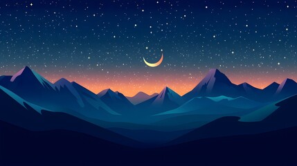 Fototapeta premium Mountain Landscape Night Sky Crescent Moon Stars Background Illustration