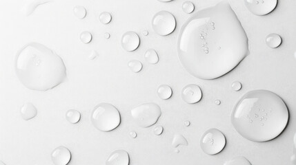 Water droplets create mesmerizing pattern on smooth white surface, showcasing their clarity and reflective qualities. arrangement evokes sense of freshness and purity
