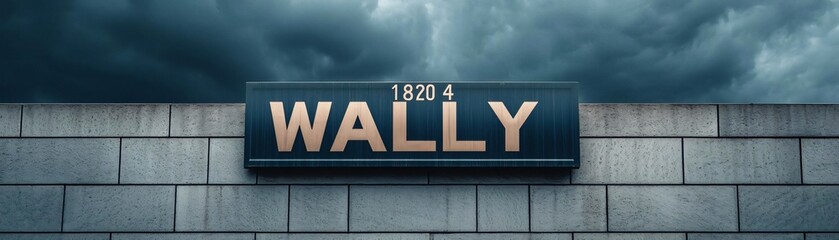 A dramatic sky above a wall featuring the name 'Wally', highlighting urban architecture and moody atmospheres.