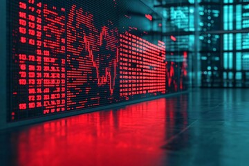 A dynamic financial display featuring red stock market data, symbolizing volatility and rapid changes in online trading.
