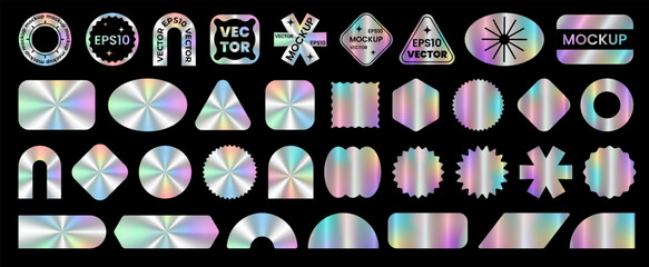 Large set of colorful neon stickers, blank templates, label with holographic effect. Shiny rainbow emblems of different shapes. Realistic mockup for shopping icons. Gradient hologram. Vector EPS10