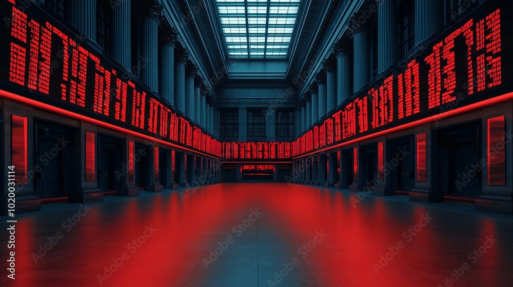 Poster a modern corridor illuminated with red light and digital screens displaying data, creating a strikin