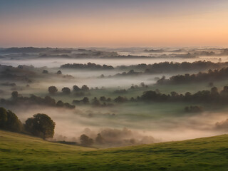 Obraz premium A tranquil scene of a misty sky at dawn, with the landscape partially obscured by fog and the soft light of morning breaking through 
