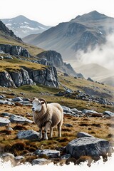Naklejka premium Highland sheep roaming on rocky terrain in watercolor style