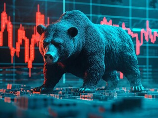 A powerful bear stands against a backdrop of digital stock market graphs, symbolizing strength and market fluctuations.