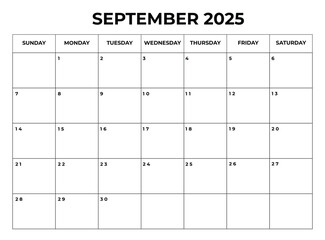 September 2025 Monthly Calendar design with Notes and week starts from sunday