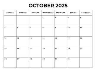 October 2025 Monthly Calendar design with Notes and week starts from sunday