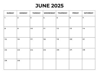June 2025 Monthly Calendar design with Notes and week starts from sunday
