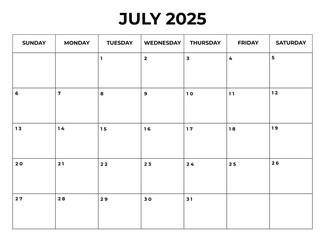 July 2025 Monthly Calendar design with Notes and week starts from sunday