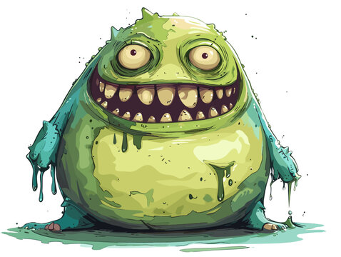 A green monster with big eyes and a big mouth. The monster is smiling and he is happy