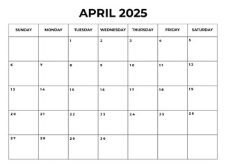April 2025 Monthly Calendar design with clean look and week starts from sunday