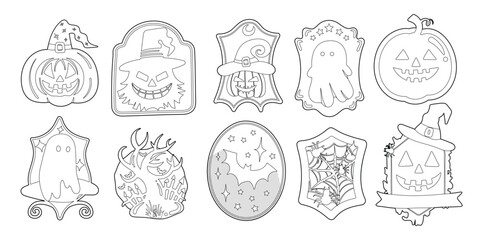 Set of isolated cute Halloween decoration elements for sticker, badge, tag or label on transparent background, Volume 10: Black outline.