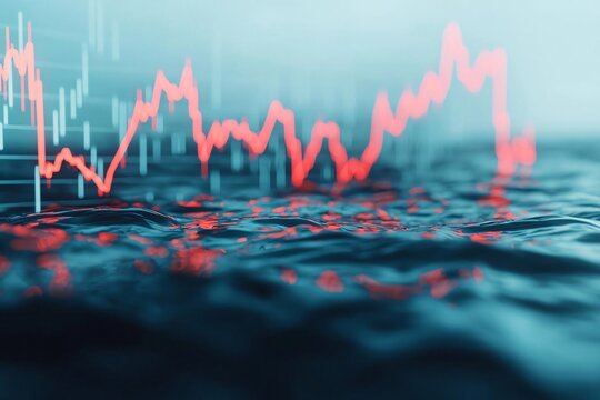 Abstract illustration of fluctuating financial data showing a red graph line over a blurred background of rippling water.