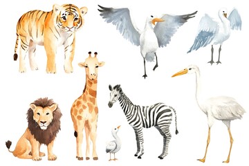 Obraz premium Watercolor Safari Animals Set Tiger Zebra Giraffe Lion Stork Bird Clipart Illustra