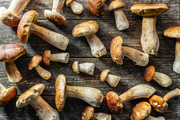 Fresh boletus mushrooms on wooden table. Top view.