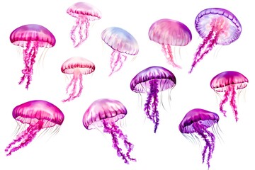 Watercolor Pink and Purple Jellyfish Sea Life Illustration Isolated on White Background