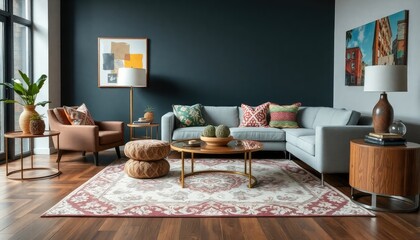 Stylish living room with bold patterns and textures, featuring a statement rug, colorful throw pillows, and a mix of wood and metal accents.