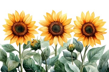 Watercolor Sunflowers with Green Leaves on White Background   Floral Illustration