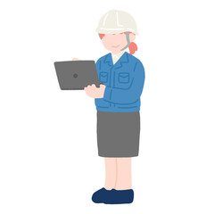 手に持ったノートパソコンを見ているヘルメットをかぶった作業服・スカートの女性のフラットなイラスト
