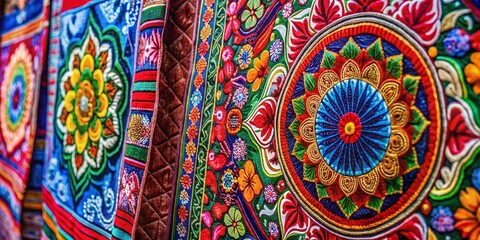 Fototapeta premium Traditional Bai Ya Nang Art with Colorful Patterns and Intricate Designs on Fabric Background