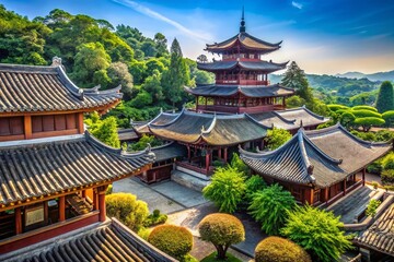 Fototapeta premium Traditional Chinese Architecture with Intricate Roof Designs Surrounded by Lush Greenery and Sky