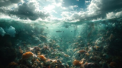 Obraz premium Underwater scene showcasing vibrant coral reefs and marine life.