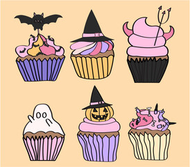 Halloween cupcakes with a ghost, witches hat, pumpkin and fingers.