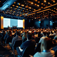 Large conference salon with diverse professionals attending a corporate event. Executives presenting on stage, engaged audience in discussion, modern meeting space with digital screens, networking opp